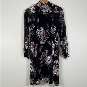 Nina Leonard Black Pink Floral Long Sleeve Dress Women's Small High Neck Party